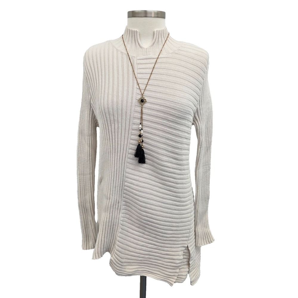 Cabi Womens S Ivory Ribbed Asymmetrical Mock Neck Cotton Sweater Neutral Knit